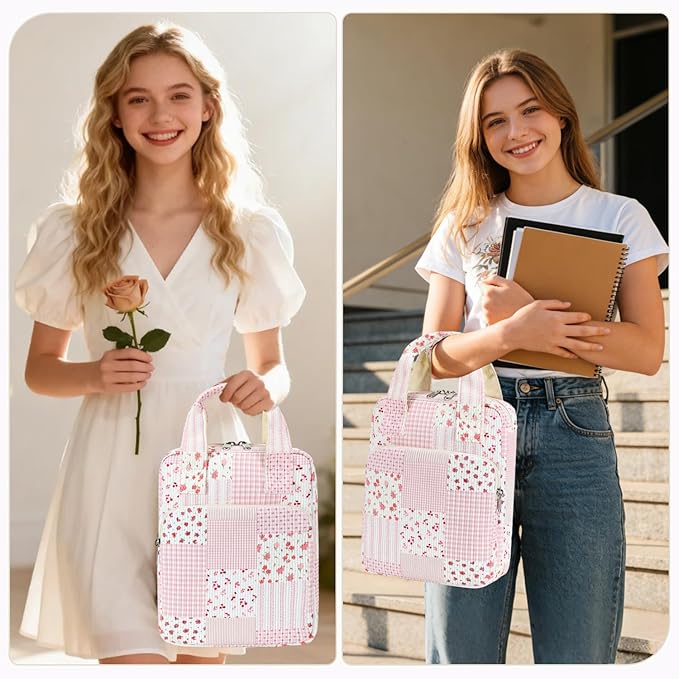 DSIUE Kids Bible Cover Case Gilrs Corduroy Bible Carrying Case Book Holder/Carrier/Bag with Handle and Pockets, Pink Patchwork Floral