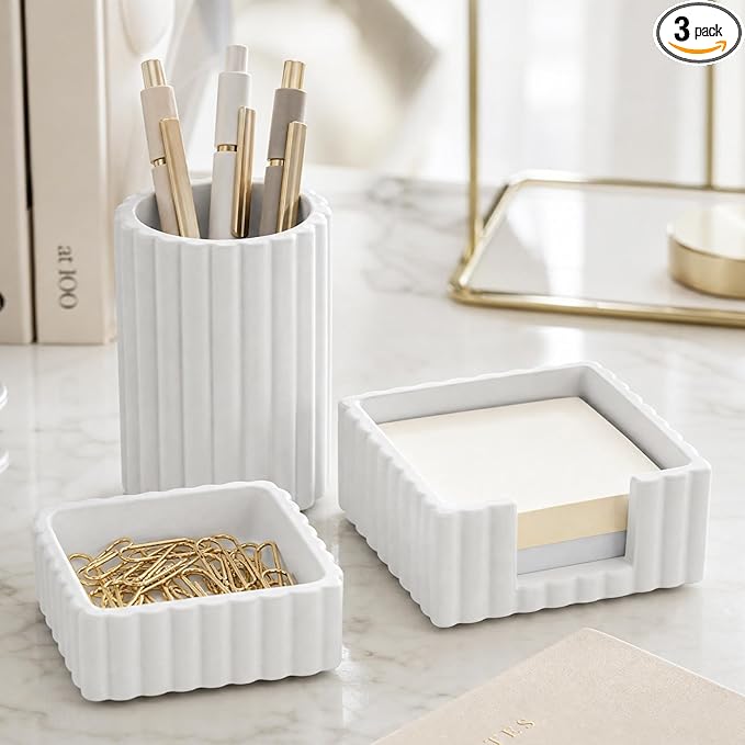 KIBAGA Modern Aesthetic Desk Accessories Set of 3 - Stylish Concrete Organizers for Pens & Office Supplies - A Cute and Functional Addition to Your Workspace Decor
