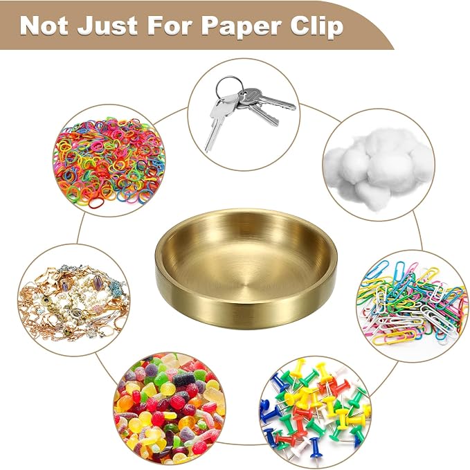 BTSKY 2 Pack Flat Golden Paper Clip Holder, Stackable Desk Organizer Metal Storage Bowl for Small Office Supplies Paper Clips & Tiny Parts, Cute Round Jewelry Storage for Office Bathroom Vanity