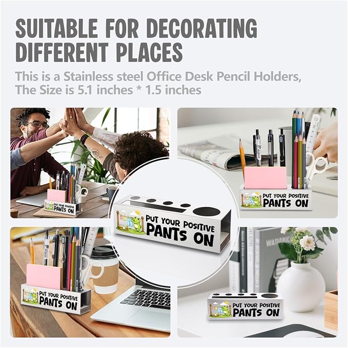 FOKCBOCM Positive Message Stainless Steel Pen Holder, Put Your Positive Pants On Desk Organizer Gift for Coworker, Teacher, Office Encouragement Decor, Motivational Workspace Accent-DS112
