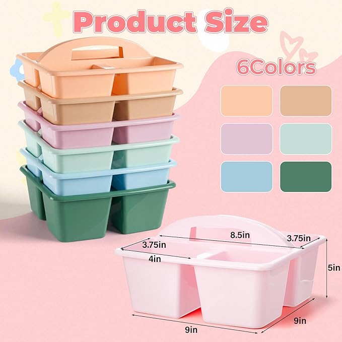 Kathfly 6 Pack Multipurpose Compartment Caddy, Plastic Storage Boxes with Handle, Assorted Colors Table Caddies Organizer for Classroom Office School Home Shower Supplies (Morandi Color)