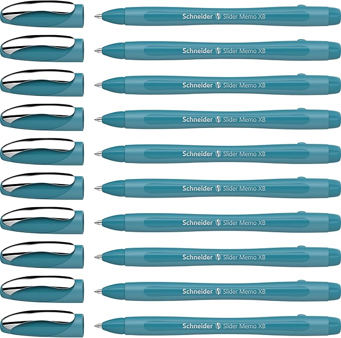 Schneider Slider Memo XB Ballpoint Pen (Colour Edition with Cap, Line Width: XB) Pack of 10, Case Colour: Teal, Ink Colour: Blue