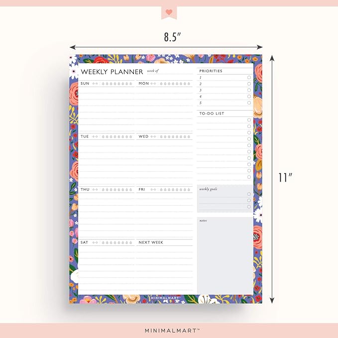 Weekly Planner with 52 Undated 8.5 x 11 Tear-Off Sheets, Floral Weekly Vibrant Calendar, Organizer, Scheduler, Productivity Tracker, Priority Task, Weekly Goal, to-do List
