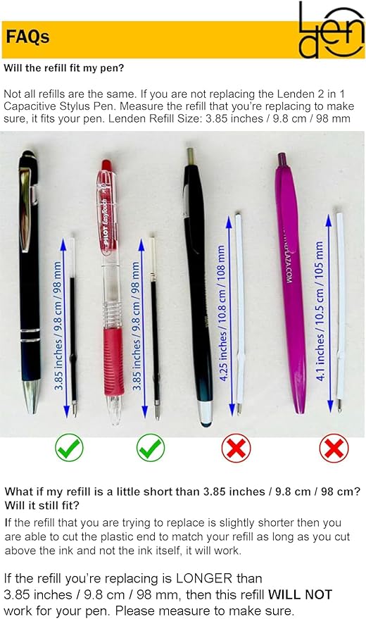Pack of 5 Replacement Retractable Ballpoint Ink Refill for 2 in 1 Ballpoint Pen Capacitive Stylus Tip, Premium Metal Medium Point, Black Ink 98mm / 3.85” (Black Replacement Refill)