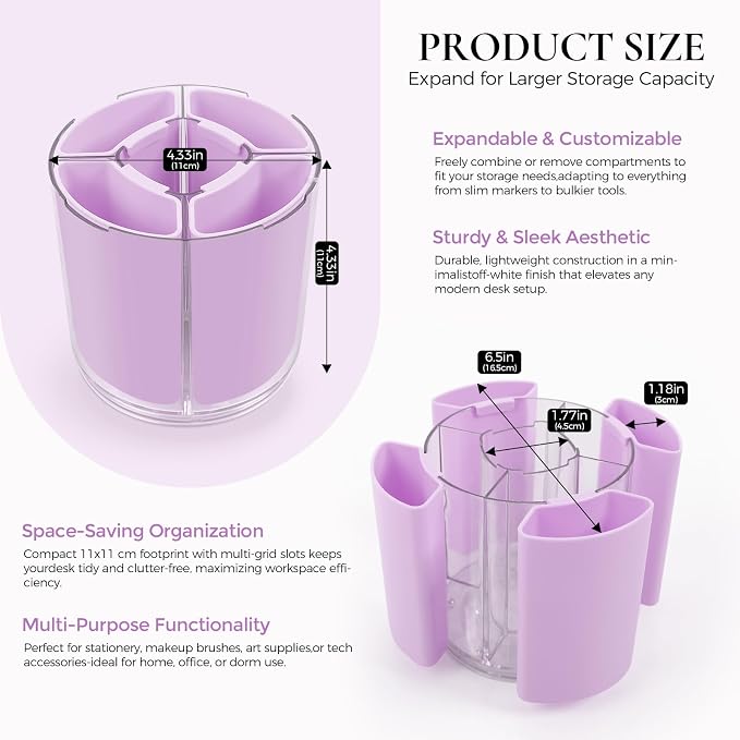 KONVINIT Purple Pen Holder for Desk, 5 Slots 360° Rotating Pen Organizer, Cute Desk Organizers and Accessories for School, Home, Office and Art Supply