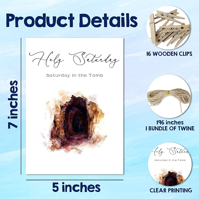 Holy Week Decoration - Holy Week Story Cards & Easter Story Cards - Religious Supplies & Easter Activities for Kids Teens Adults - Sunday School Learning Card(16 Holders 26 Feet Hemp Rope) - A03