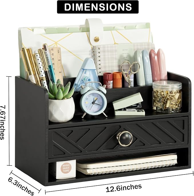dreampossible Black Wood Desk Organizer and Accessories with Drawer, Bill Mail Organizer and File Mail Holder for Office Supplies, Desk Accessories & Workspace Organizers for Desk Organization