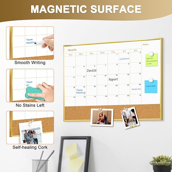 Small Dry Erase Calendar Whiteboard for Wall, 16'' x 12'' Monthly White Board Planner with Gold Frame and Corkboard, Magetic Potable Wipe Board for Home Office School Dorm