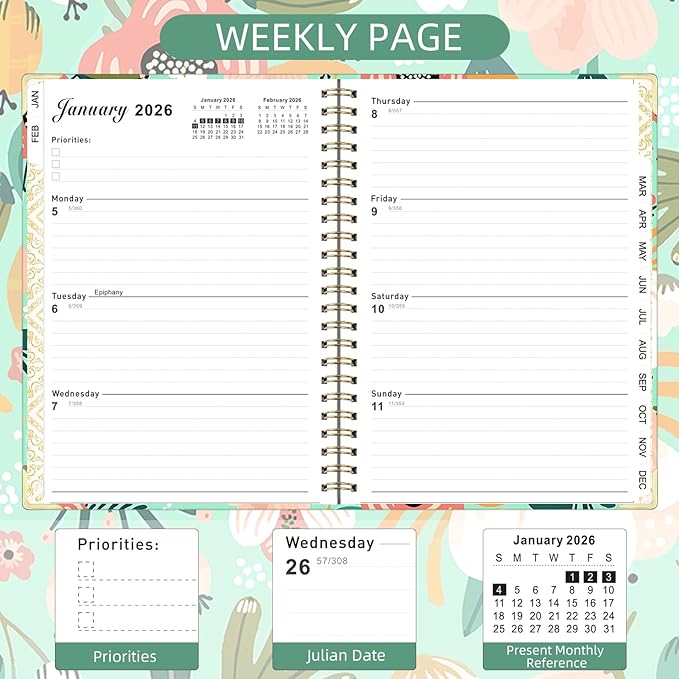 2026 Planner, Jan.2026 - Dec.2026 Planner Weekly and Monthly 6.25"x8.5" with with Page Tabs, Calendar Hardcover with Inner Pocket, Elastic Band, Twin-Wire Binding, Bookmark, Green Flowers