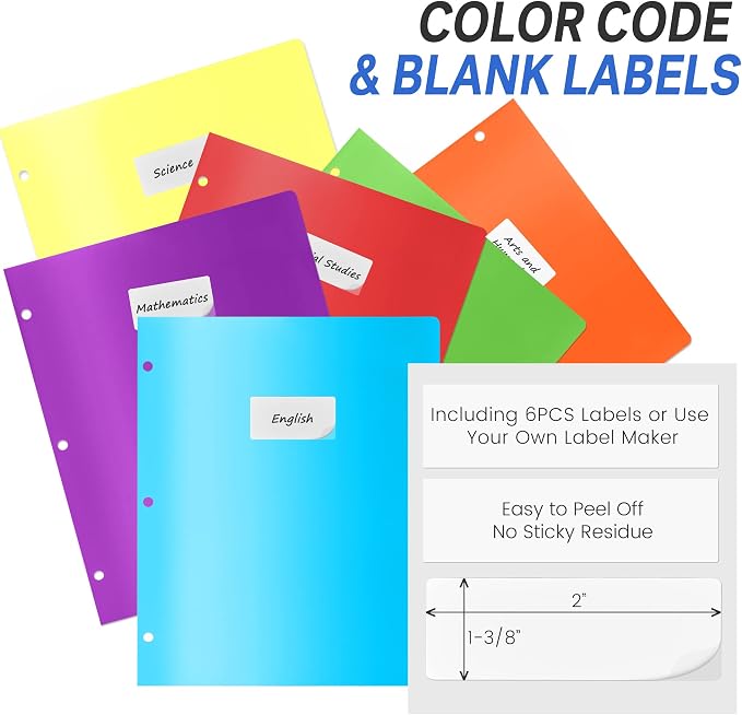 Sooez 6 Pack Folders with Pockets 3 Hole Punched, Plastic Pockets Folders for 3 Ring Binder with Labels, Heavy Duty Binder Folder, 2-Pocket Folder for Document, Colored File Folders Letter Size
