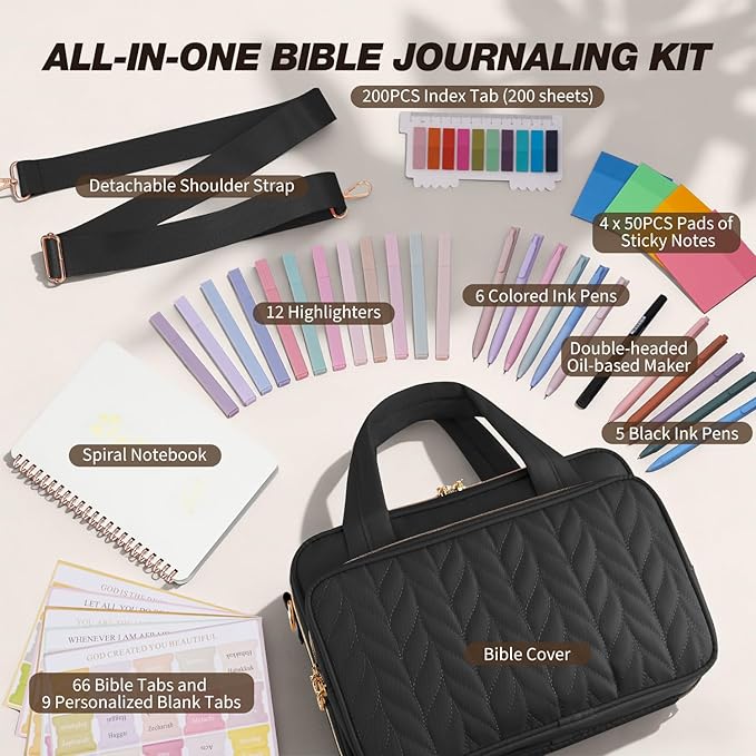 KOPKOFT Bible Cover Case for Women, All-in-One Bible Study Supplies Journaling Kit with Highlighters Tabs, Quilted Book Carrying Cases, Christmas Christian Gifts for Women (Black)