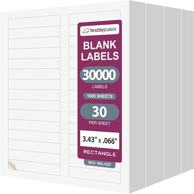 NextDayLabels 0.66x3.43 Inch Rectangle File Folder Labels White for Laser Inkjet Printer - 30 Per Sheet Self-Adhesive Organization Filing Made in USA - 30,000 Labels