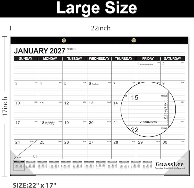 GuassLee Large Desk Calendar 2026-2027,19 Months from Jun. 2026 to Dec. 2027, 22 x 17 Inches Desktop Wall Calendar Hanging Planner with Julian Date, Notes, Corner Protectors for School Home Office