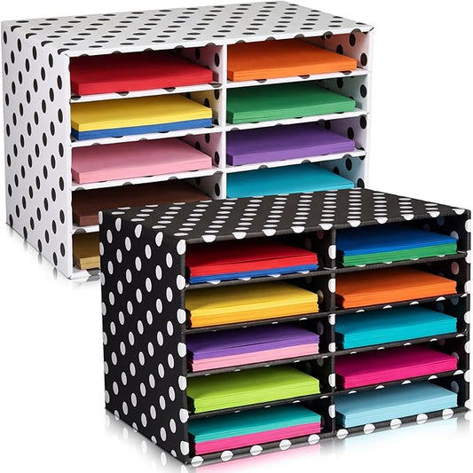 Dispowreath 2 Pack 10 Slots Construction Paper Storage, Classroom Mailboxes, Back to School Literature Cardboard Paper Organizer for Teacher, Office, 19.7 x 12.4 x 11.8 Inches(Black and White,Dots)