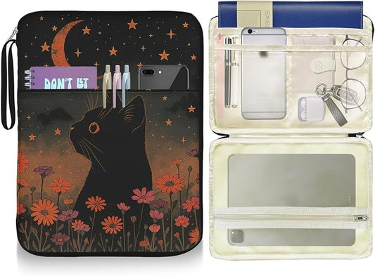 Book Sleeve Pouch Black Cat Book Covers for Paperback with Zipper and Front Pocket, PU Leather Waterproof Book Sleeve for Book Lovers Librarian Friend Gifts