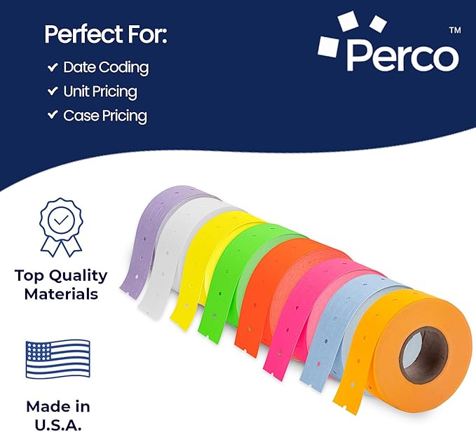 Perco 1 Line Multicolored Sleeve—240 Rolls, 30 Sleeves, 240,000 Labels for Perco Lite, X, Plus & Pro Guns—Includes White, Yellow, Blue, Lavender & Fluorescent Colors (Red, Green,Pink, Orange)—USA Made