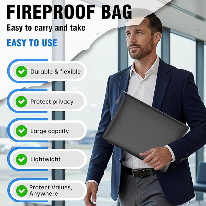 5pcs Fireproof Zipper Bags, A4 Zipper Pouches for Organizing Storage, Water-Resistant Document Bags(13.5"x10"), Letter Size, File Bags for Home, Office, School, Travel, Cash, Passport, Black