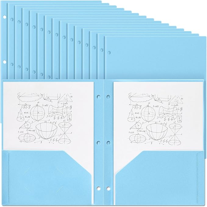 Yeaqee 50 Pcs Plastic Folders with Pockets Bulk 3 Hole Punched 2 Pocket File Folders for 3 Ring Binder Divider Folder for Notebooks, Durable Poly for Office Home (Light Blue)