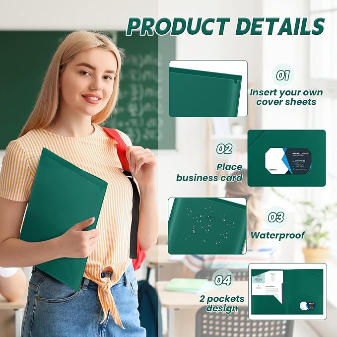 Henoyso 36 Pack Forest Green Plastic Folders with Clear Front Pockets Heavy Duty File Folders with 2 Pockets and Card Slot for Student Communication School Office Presentation Report