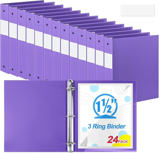 Henoyso 24 Pcs Purple 1.5" 3 Ring Plastic Binder Bulk, 1 1/2 Inch Soft Flexible Binders Round Rings, Fits Letter Size 8.5'' x 11'' Paper, Holds 350 Sheets, for School Office