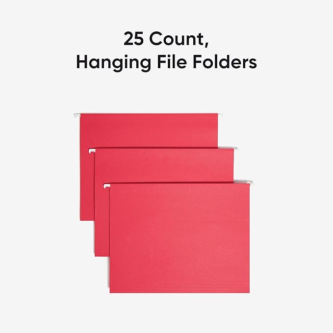 Smead Standard Hanging File Folders, 25 Count, Red, 1/5-Cut Adjustable Tabs, Letter Size (64067)