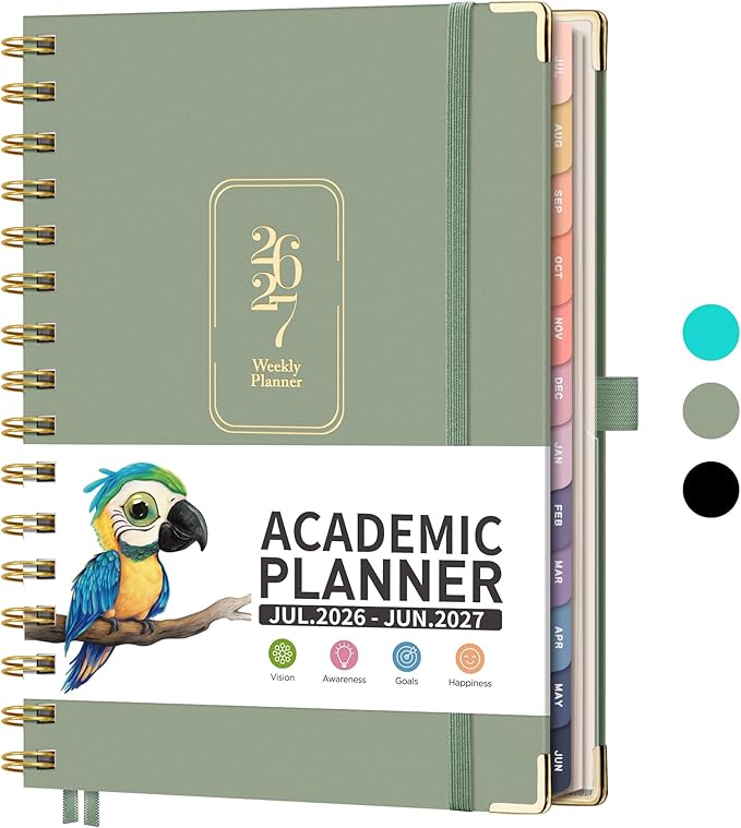 RETTACY Academic Planner 2026-2027, Weekly and Monthly, July 2026 - June 2027, Medium Size (5.7" x 8.3"), Calendar, Agenda, 12-Month Tabs, Hardcover, for Student, Teacher, School (Light Green)