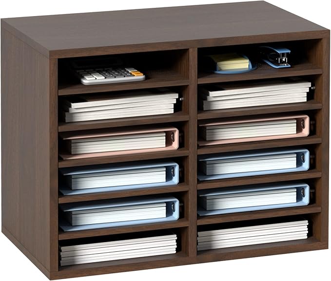 VEVOR Literature Organizers, 12 Compartments Office Mailbox with Adjustable Shelves, Wood Literature Sorter 20.4x12x16.1 inches for Office, Home, Classroom, Mailrooms Organization, EPA Certified Brown
