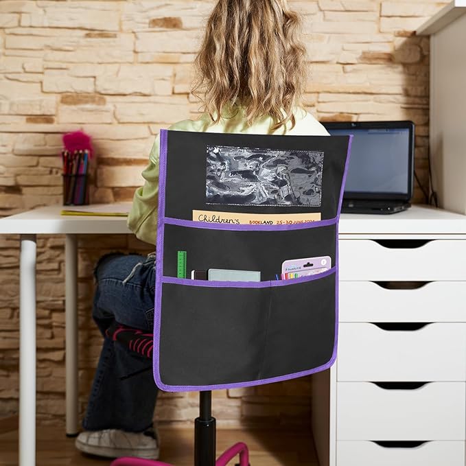 12 Pack Black Chair Pockets for Classrooms, Chair Pocket with 3 Heavy Duty Storage Pocket, Chair Back Buddy Pocket with Name Tag Slot, Ideal Back to School Supplies, Classroom Must Haves (Multicolor)