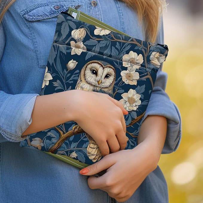 Vintage Flower Owl William Morris Book Sleeve for Book Lovers, Bookish Book Protector with Zipper, Washable Fabric Book Cover for Paperbacks & Hardcovers,11.4 x 9.1Inches (Blue-Owl, Medium)