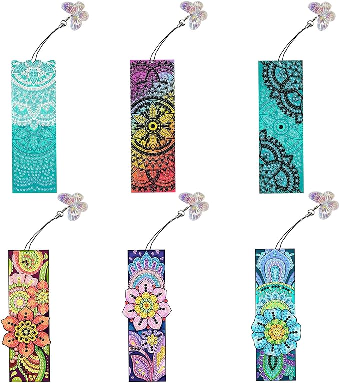 6PCS Mandala Diamond Painting Bookmark DIY Diamond Art Kits for Adults, Acrylic Diamond Art Bookmarks with Pendant for Book Lovers