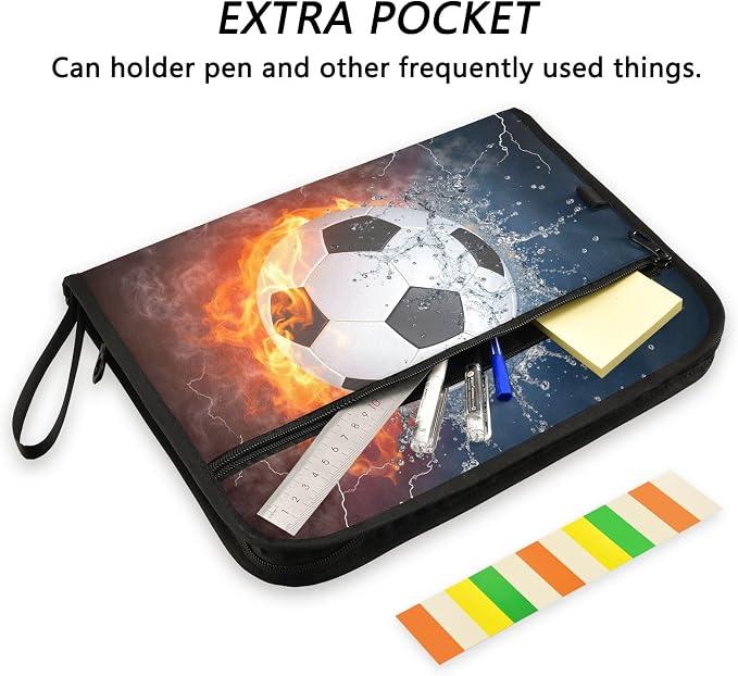 Expanding File Folder Soccer Water Fire Football Accordion File Organizer 13 Pockets Document Organizer with Zipper Labels A4 Letter Office Storage