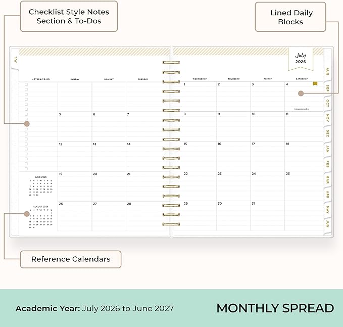 Blue Sky Day Designer 2026-2027 Daily and Monthly Academic Year Planner Calendar, July 2026 - June 2027, 8" x 10", Flexible Cover, Laminated Tabs, Storage Pocket, Includes Stickers, Black Stripe