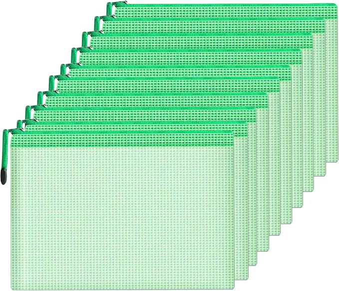 Mesh Document Bag Set of 10, Waterproof Zipper Pouch / A4 Size Zip File, for Household Daily Storage School Office M-D-2B (Green, A4 (13.5×9.5 Inch))