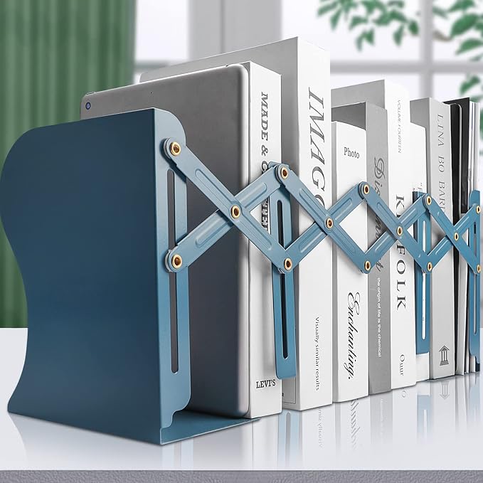 Non Skid Book Ends to Hold Books, Carooyac Heavy Duty Bookends Adjustable Book End, Metal Bookends for Shelves, Blue Book Holders Organizer for Bookshelf Desk - Extends up to 19"