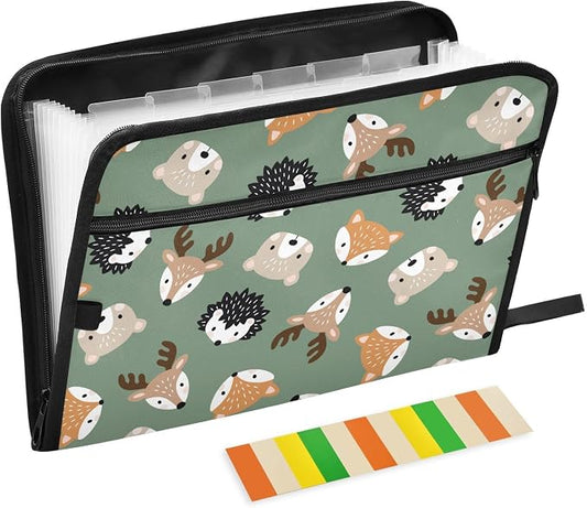 Cute Woodland Animal Heads File Folders,Plastic Folders with 13 Pockets,Expandable File Folder for Documents School Students Office,Aesthetic Folder with Labels A4 Letter Size