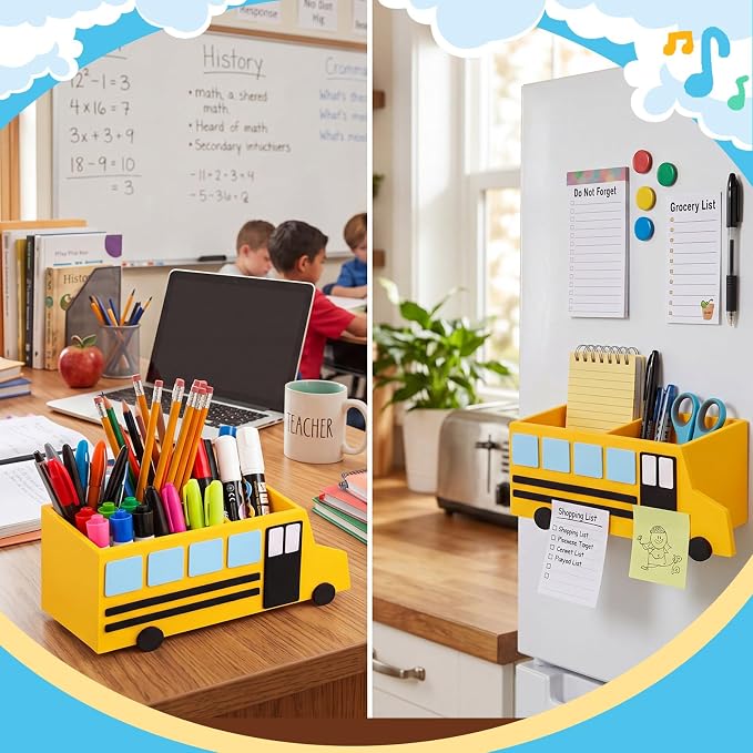 ReliThick Teacher Magnetic Pen Holder Magnetic School Bus Desk Organizer, Teacher Appreciation Gifts, Dry Erase Marker Holder with 4 Strong Magnets, Classroom Decor & Storage Bin