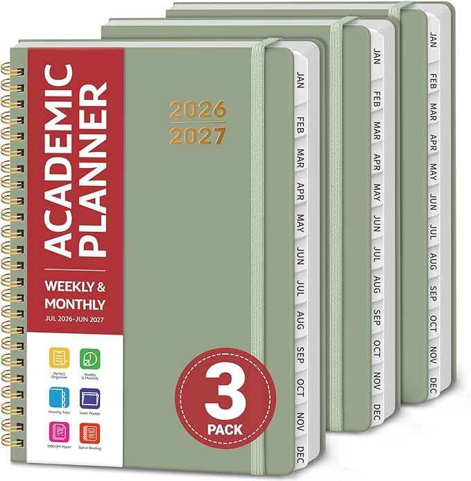 Planner 2026-2027 for Women & Men, Set of 3, Academic Monthly and Weekly Calendar Planner, Jul 2026 - Jun 2027, A5 (6.3" x 8.5"), Teacher Student Planning Book with Tabs, Ideal for Office School Supplies - 3 Green