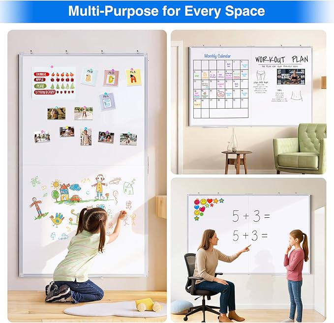Magnetic White Board Dry Erase Board for Wall，48" x 46" (4ft x 3ft) Wall-Mounted Aluminum Frame Marker Board, Foldable Portable Whiteboard with a Long Pen Tray for School, Classroom, Office & Home