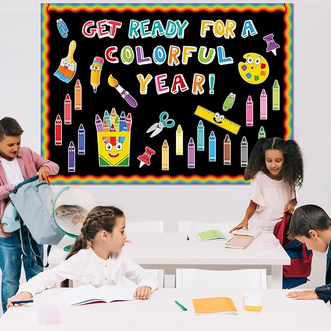 Pasimy 121 Pcs Crayon Theme Classroom Decorations Back to School Bulletin Board Border Set Colorful Crayons Name Tags Cutouts for First Day of School Teacher Supplies Classroom Chalkboard Wall Decor