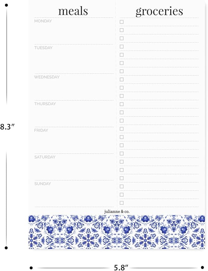Weekly Magnetic Meal Planner Notepad By Julianne & Co - Food Planning Organizer And Grocery List Pad, 52 Premium A5 Pages, with Tear Away Perforated Shopping List (Blue China Print WITH Fridge Magnet)