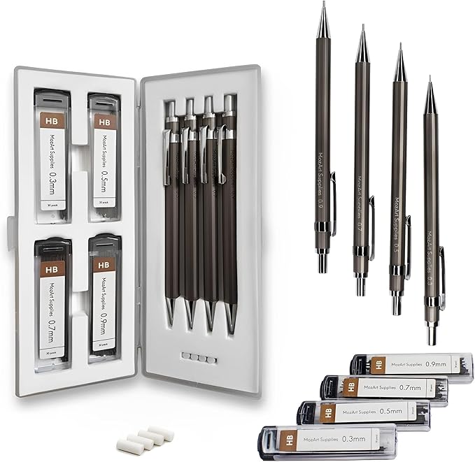 MozArt Supplies Mechanical Pencil Set with Case - 4 Sizes: 0.3, 0.5, 0.7 & 0.9mm with 30 HB Lead Refills Each & 4 Eraser Refills - Sketch, Drafting, Art, Drawing Supplies (Nickel)