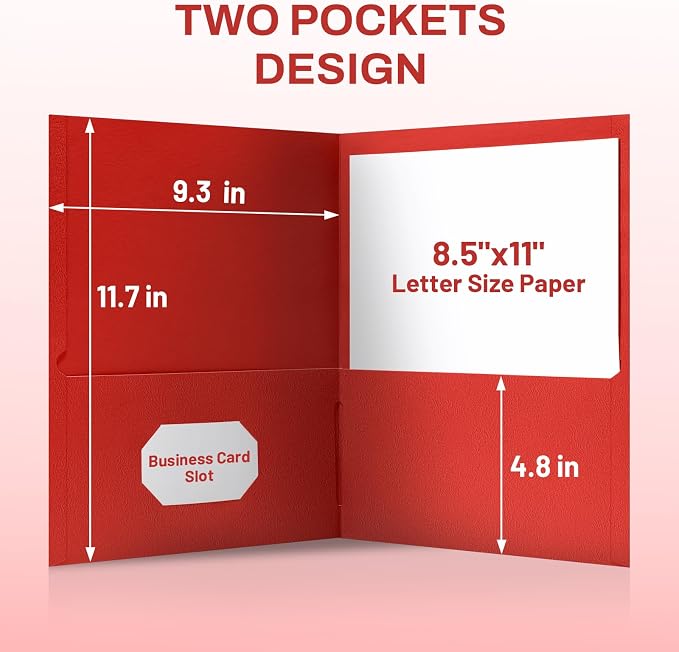 SUNEE Folders with Pockets(25 Pack, Red), 2 Pocket Folders Fit Letter Size Paper, Paper File Folder for School Office Home Business