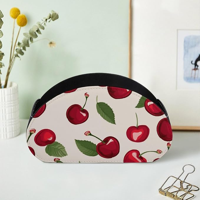 Red Cherry Pattern Remote Control Holder TV Remote Caddy with 5 Compartments PU Leather Storage Box Stylish Desk Organizer for TV/DVD/Accessories Desk Office Supplies Home