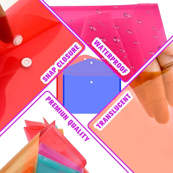 24pcs Plastic Filing Envelopes with Snap Button Closure ，Clear Document Folders for Letter A4 Size Files ，Poly Folders，for School and Office Supplies（6Color）