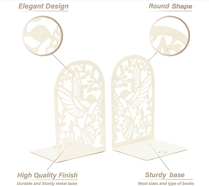 CNK Premium BookEnds - Metal Book Stoppers for Home Office, Book Shelf Holder, Decorative (Hummingbird White)