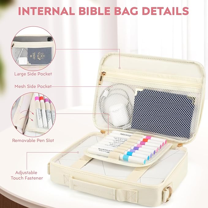 Bible Cover Case for Women Grils, Preppy Bible Bag with Adjustable Shoulder Strap, Waterproof Bible Carrying Tote Bags Holder for Bible Study Supplies Accessories & Christian Gifts (Beige)