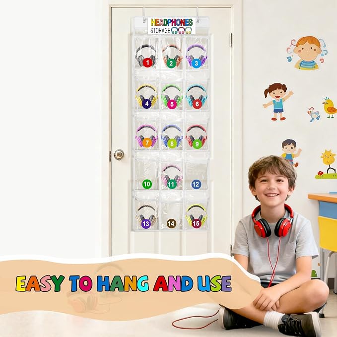 Headphone Storage Classroom Headphone Organizer 15 Pockets PVC Clear Organizer Holder for School Cell Phones Calculators, With Headphone Storage Stickers & Digital Stickers
