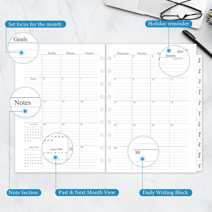 2026-2027 Monthly Planner Refill, Planner Inserts for 9-Disc Discbound Planner, 7" x 9.8", Jul. 2026 - Dec. 2027, 18 Monthly Calendars with Laminated Tabs