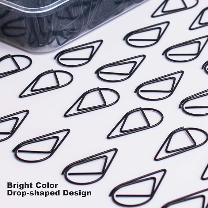 100 Pieces Black Cute Paper Clips Medium, Smooth Stainless Steel Drop-Shaped Wire Paperclips for Office Supplies Wedding Women Girls Kids Students by VENCINK (1.3 inch/33 mm)