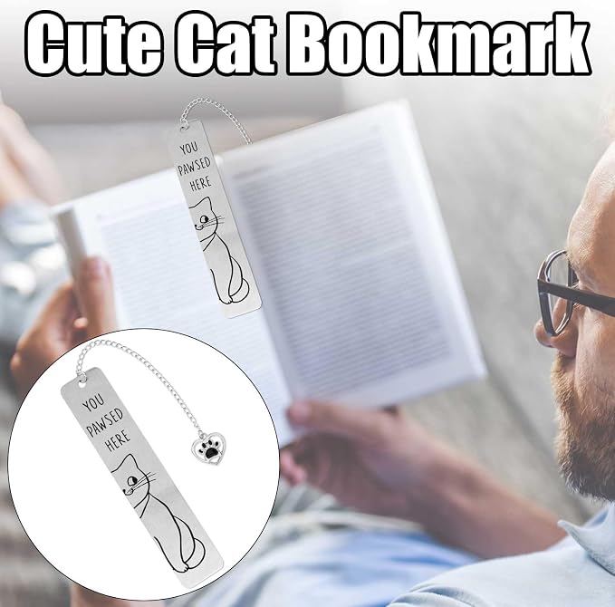 Cute Cat Bookmark, Reading Lover Gift Zinc Alloy Bookmarks for Women Funny Book Marks with Paw Heart Pendent Cute Smile Bookmark for Book Lovers (Silver Smile Cat)